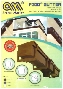 Arensi Marley gutter brochure cover showing a brown PVC gutter on a house, and the three ways to fix it